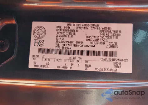 2016 Ford F-150 Xl z USA, uszkodzony, nr VIN 1FTMF1E81GFC02664